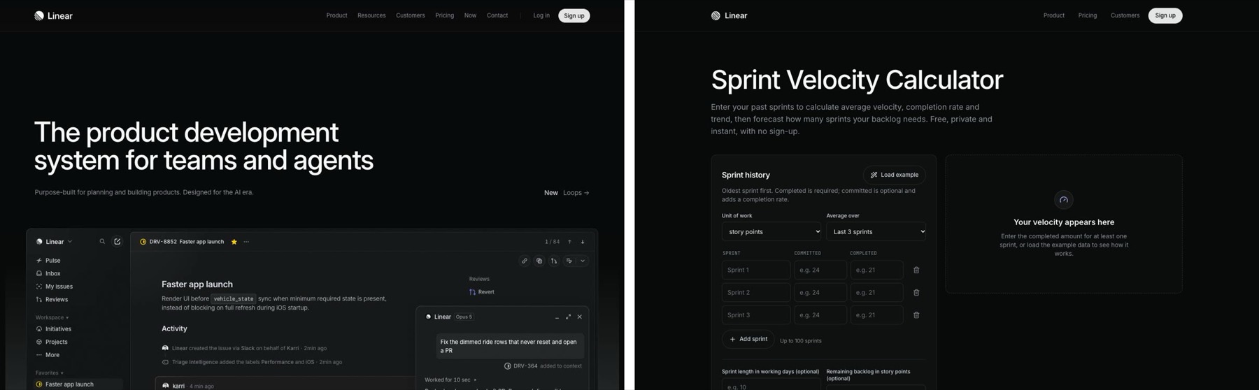 Linear site vs generated sprint velocity calculator